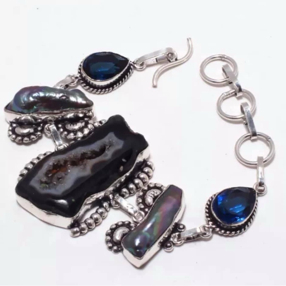 Adjustable Stone, Pearl, & Crystal Silver tone Statement Bracelet